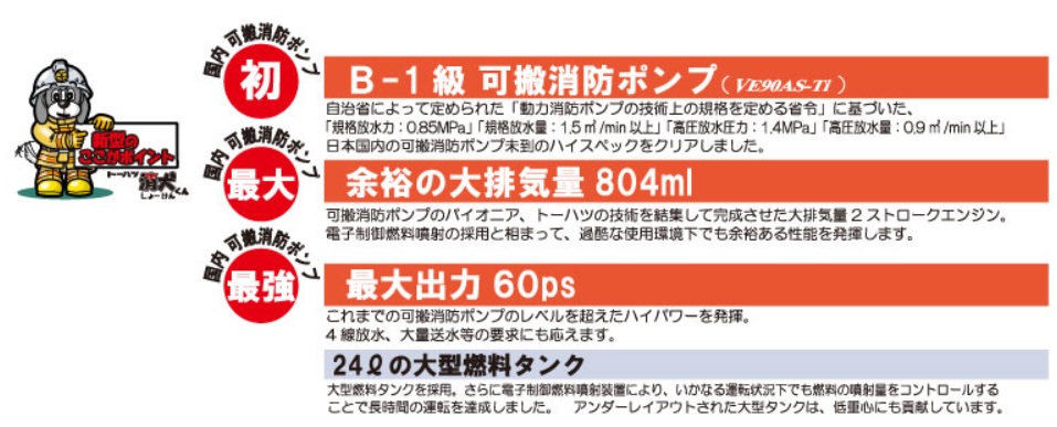 日本初 可搬消防ポンプ　B-1級 可搬消防ポンプ　『VE90AS-Ti ・ ―2級VE80AS-Ti ・ B-1級VE90AS』　製品の特徴